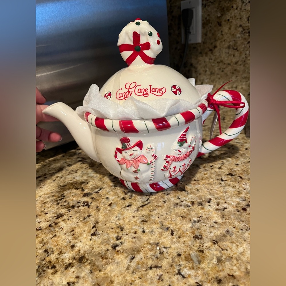 Blue Sky Clayworks Christmas Candy Cane Lane Teapot